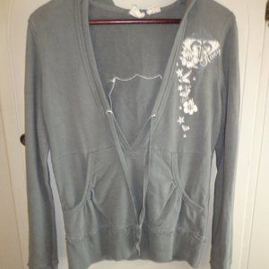 ROXY Hooded Pull-Over Sweatshirt M Drawstrings Pockets Raw Edges